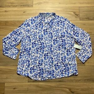 Blue Sol Women's Floral Long Sleeve Button Up Rayon Shirt Size‎ 2X Blue White
